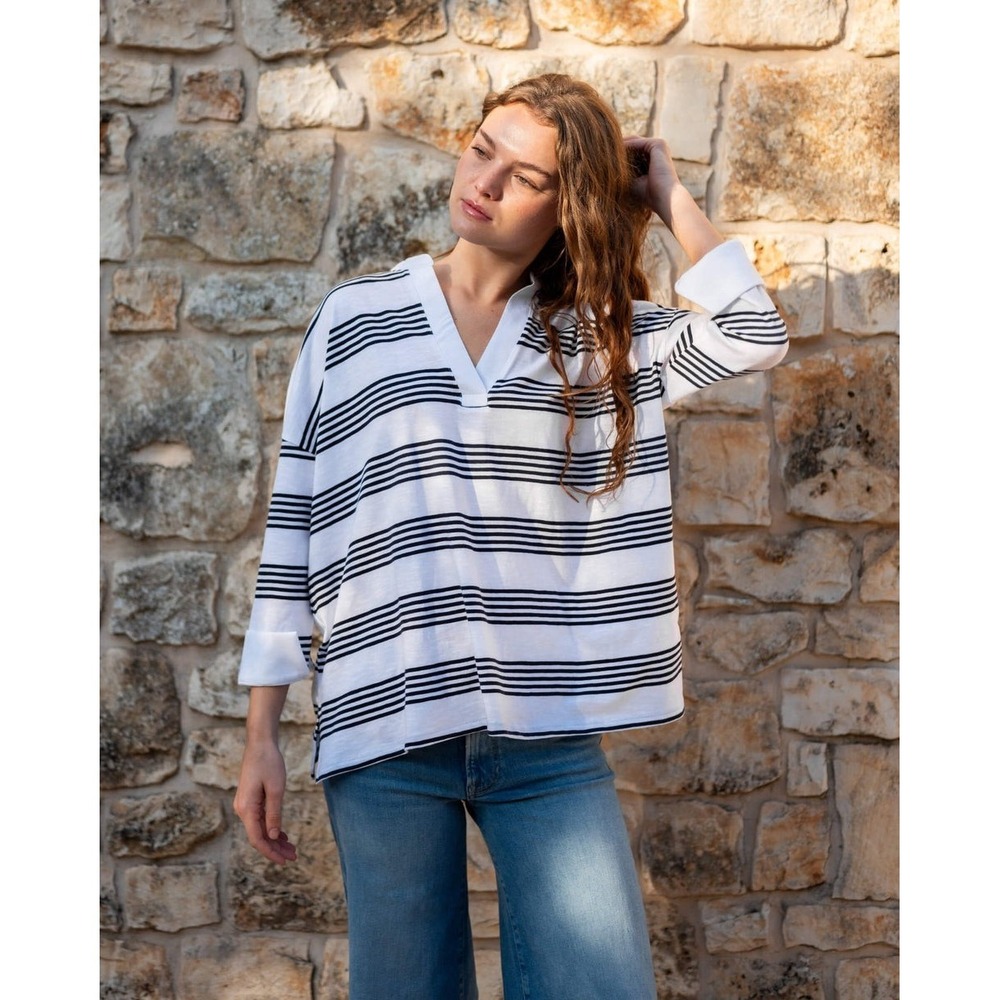 MERSEA Amelia Slub Knit Striped V-Neck Pullover Top - White & Navy One Size